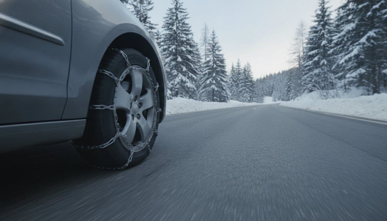 Chaînes à neige métalliques montées sur la roue avant d'une voiture grise, sur une route de montagne au bitume dégagé avec un reste de neige sur le bas-côté