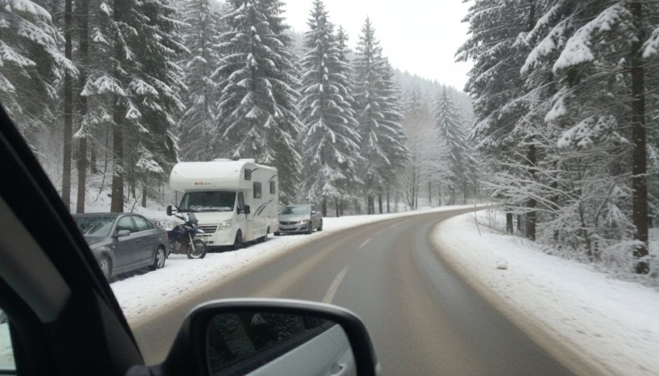 Un camping-car blanc, une berline grise et une moto garés sur le bas-côté enneigé d'une route de montagne bordée de sapins