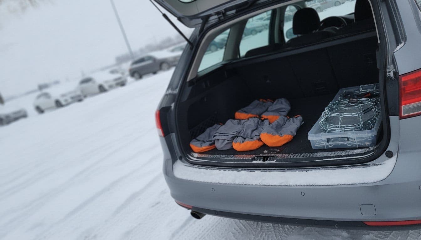 Coffre ouvert d'un break gris sur un parking enneigé, avec des chaussettes à neige grises et orange pliées et une paire de chaînes métalliques dans leur boîtier