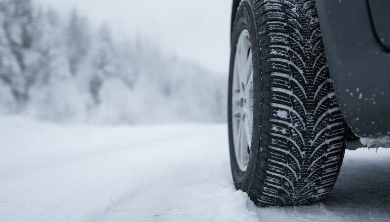 Gros plan sur la bande de roulement et le flanc d'un pneu hiver monté sur jante, roue posée dans la neige au bord d'une route de montagne