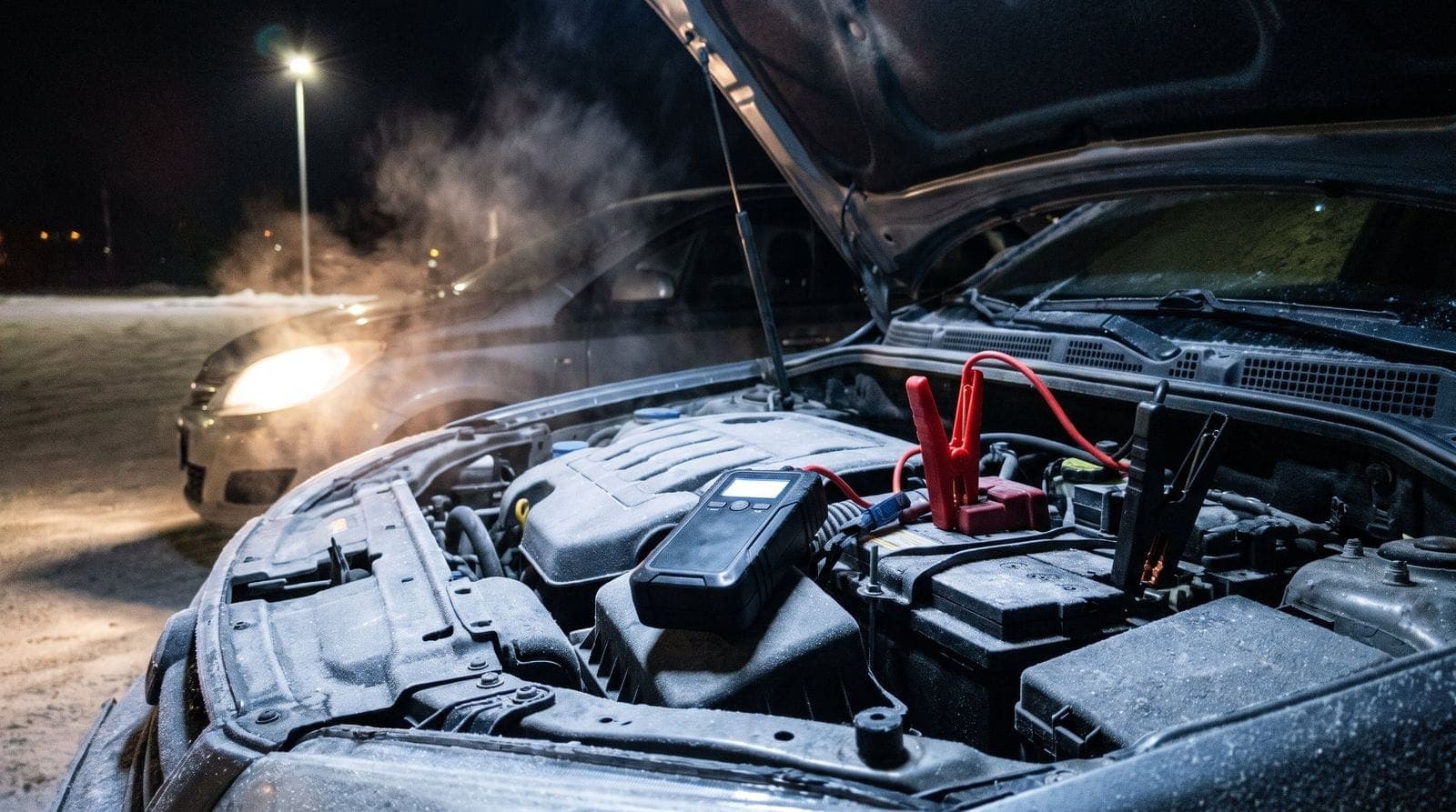 Booster de démarrage portable branché sur la batterie d'une voiture, capot ouvert la nuit sur un parking en hiver