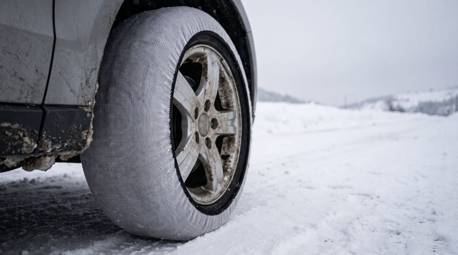 Chaussette à neige textile tendue et montée sur le pneu avant d'une voiture garée sur une route de montagne enneigée