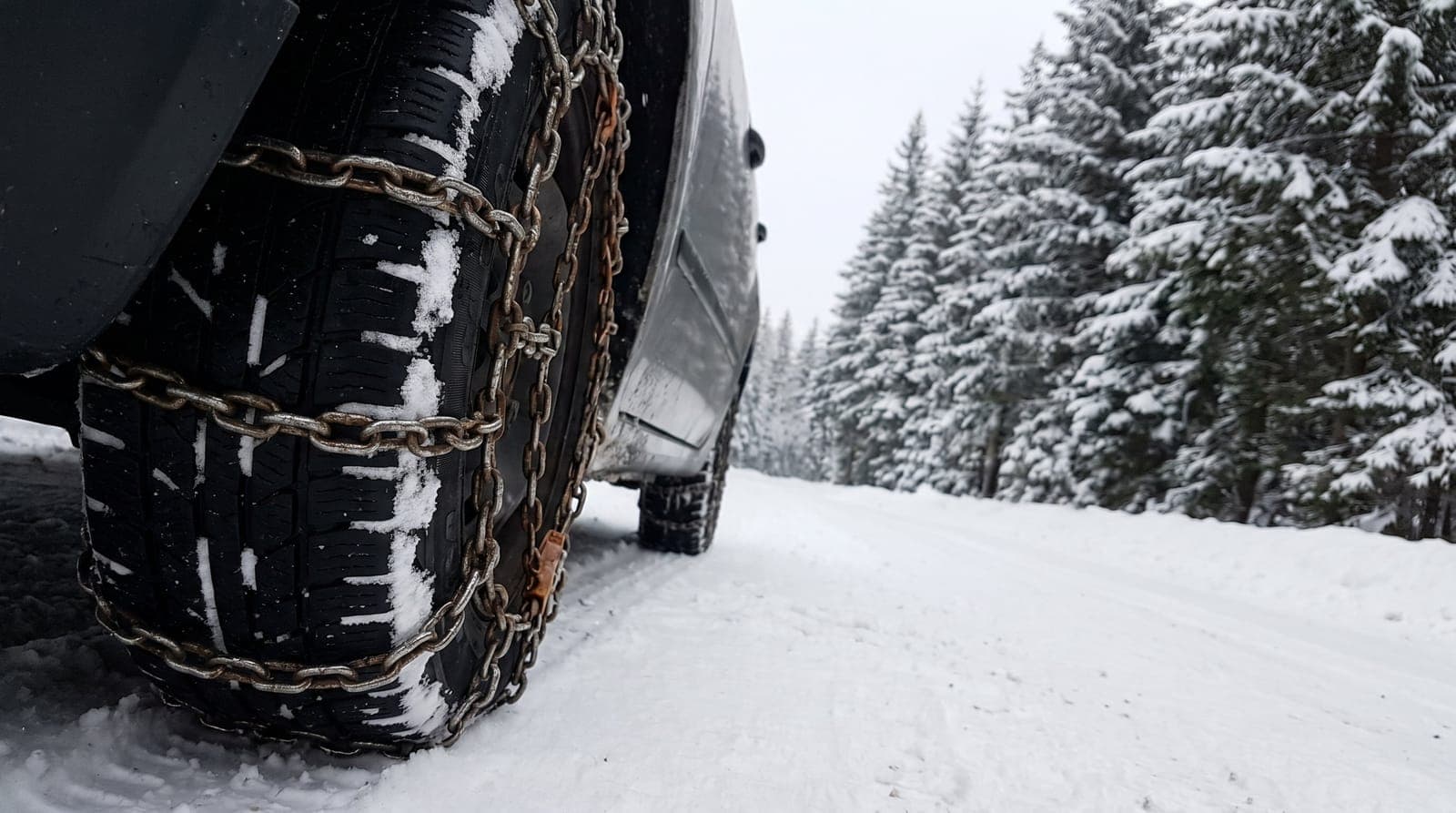 Chaîne à neige en acier montée sur le pneu avant d'une voiture garée sur une route de montagne enneigée bordée de sapins