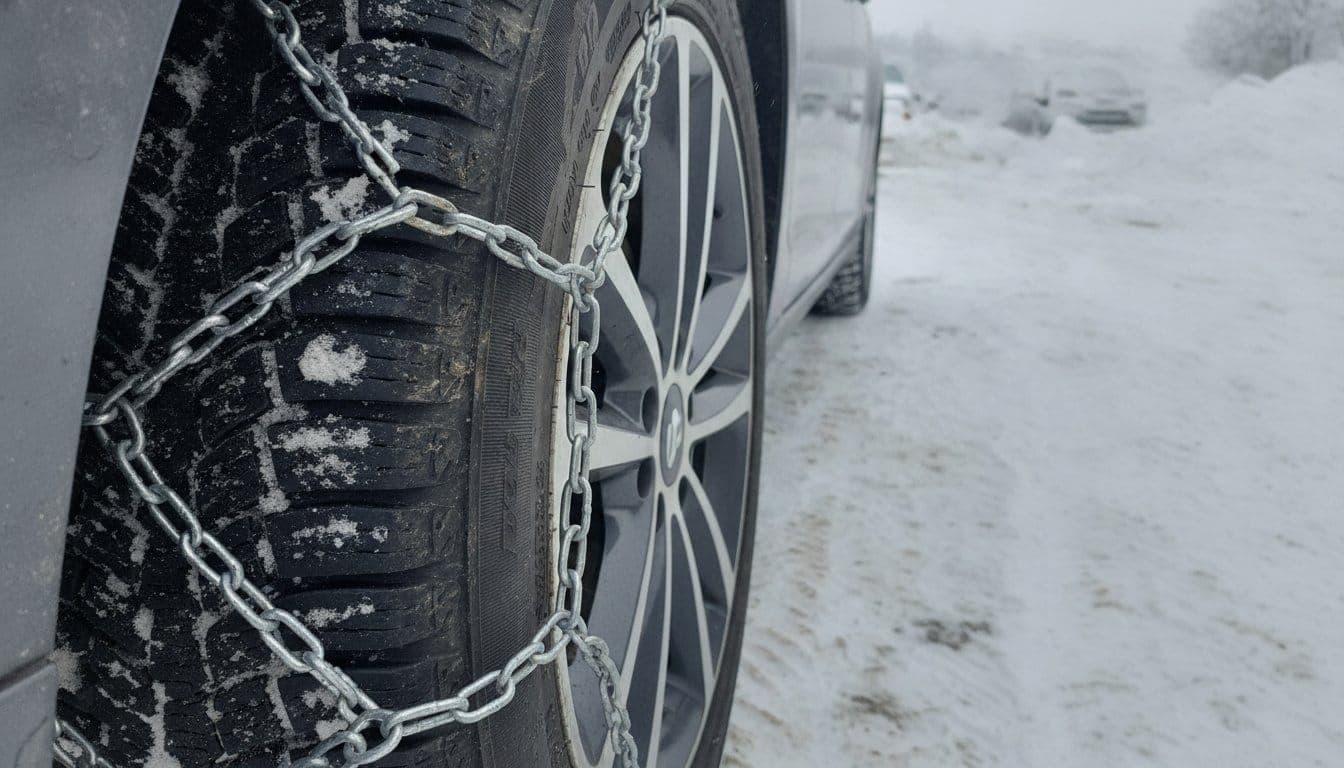 Chaîne à neige montée sur le flanc d'un pneu, roue vue de près sur un parking enneigé